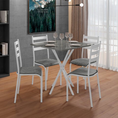 Conjunto Mesa com 4 Cadeiras 541.Sli e Tampo Quadrado Diamante Branco/Cinza Perola/Cin Nobuck