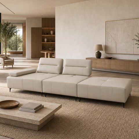 Sofá 4 Lugares com Puff para Sala Living 297cm Modular Pés Industrial Oslo L06 Couro Bege Areia -