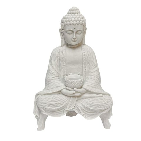 Escultura Buda Levitando Branco em Po de Marmore 25cm
