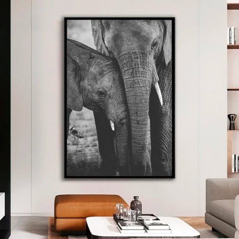 Quadro Decorativo Família Elefante em tela Canvas TaColado Moldura Flutuante 4,5cm Freijó 120 x 80cm