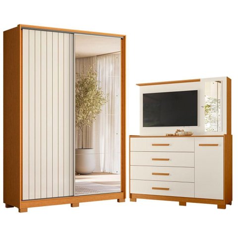 Guarda Roupa Solteiro Frizatto 02 Portas de Correr com Espelho e Cômoda Ilhabela Cinamomo Off White