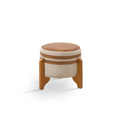 Puff Decorativo Caleb em Veludo Premium Tripé de Madeira Cor: Bege Detalhe em Corino