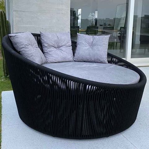Chaise Palmeira Em Corda Náutica Preta - Tecido Linus Mescla Cinza Claro