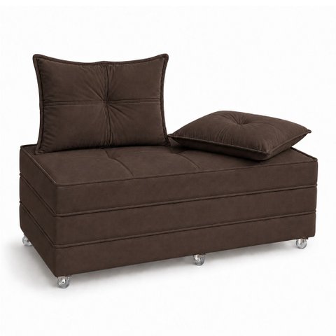 Puff Cama Dobravel 130cm Casal com Rodízios e Almofadas Cor: Suede Marrom Café
