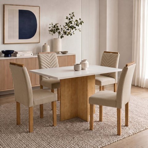 Conjunto de Mesa 4 Lugares Carol em MDF 120x80cm Cinamomo e Off White
