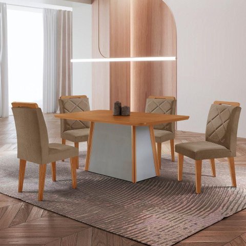 Mesa de Jantar Diane e 4 Cadeiras Melissa Moderna Mobilia Veludo Capuccino/naturalle Laminado