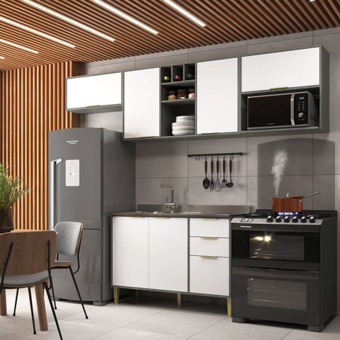 Cozinha Compacta Modulada 6 Portas 3 Gavetas Domus Espresso Móveis Branco/Silver