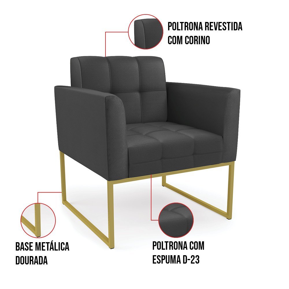 Poltrona Elisa Corino Preto Base Metálica Industrial Dourado - D'Rossi - 6