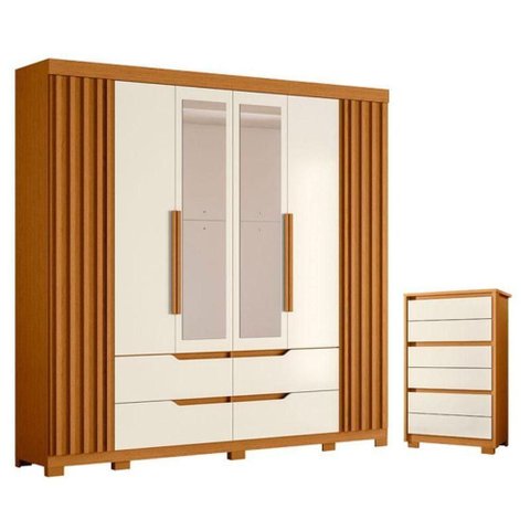 Kit Guarda Roupa Casal Doble Unno 6 Portas com Espelho e Cômoda MDP Cinamomo Off White