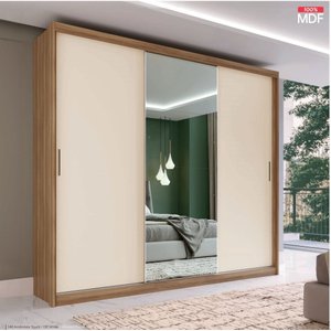 Guarda Roupa Casal Dalila 3 Portas C/espelho - Élpis Móveis - Amendoa Touch/off White
