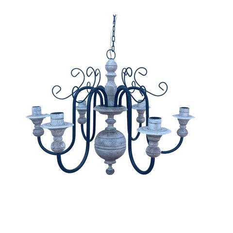 Lustre Rustico Madeira Torneada patina branca Ferro Artesanal 6 Bocais