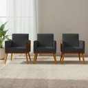 Ver imagem 1 de Kit 3 Poltronas Decorativas Lis para Sala Quarto Linho Corino Assento Confortável Pé Palito Castanho