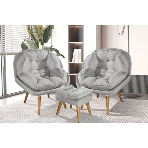 Conjunto Poltronas Sênior em Suede Premium com Puff e Pés de Madeira:cinza