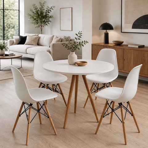 Conjunto Mesa de Jantar Redonda 70cm 4 Cadeiras Charles Eames Eiffel - Branco