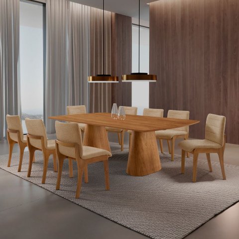 Sala de Jantar Mesa Noronha 220cm Tampo Laminado Barril com 8 Cadeiras Bella