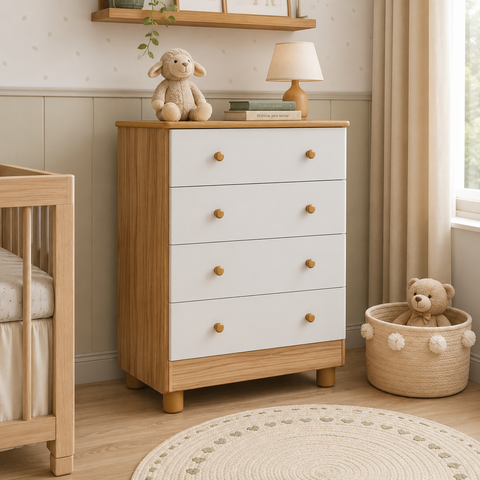 Cômoda Infantil Júnior New 4 Gavetas 100% MDF Branco Brilho/Amêndoa - Móveis Peroba