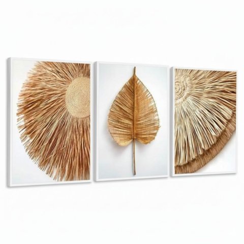 Kit 3 Quadros Folhagem Palha Nude com Moldura:branca