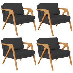 Kit 4 Poltronas Decorativa para Sala Estar Pietra Estrutura de Madeira L02 Suede Preto - Lyam - 1