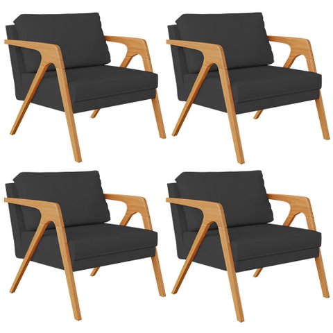 Kit 4 Poltronas Decorativa para Sala Estar Pietra Estrutura de Madeira L02 Suede Preto - Lyam