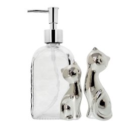 Kit Decor Porta Sabonete Líquido e Casal Gato Porcelana - 1