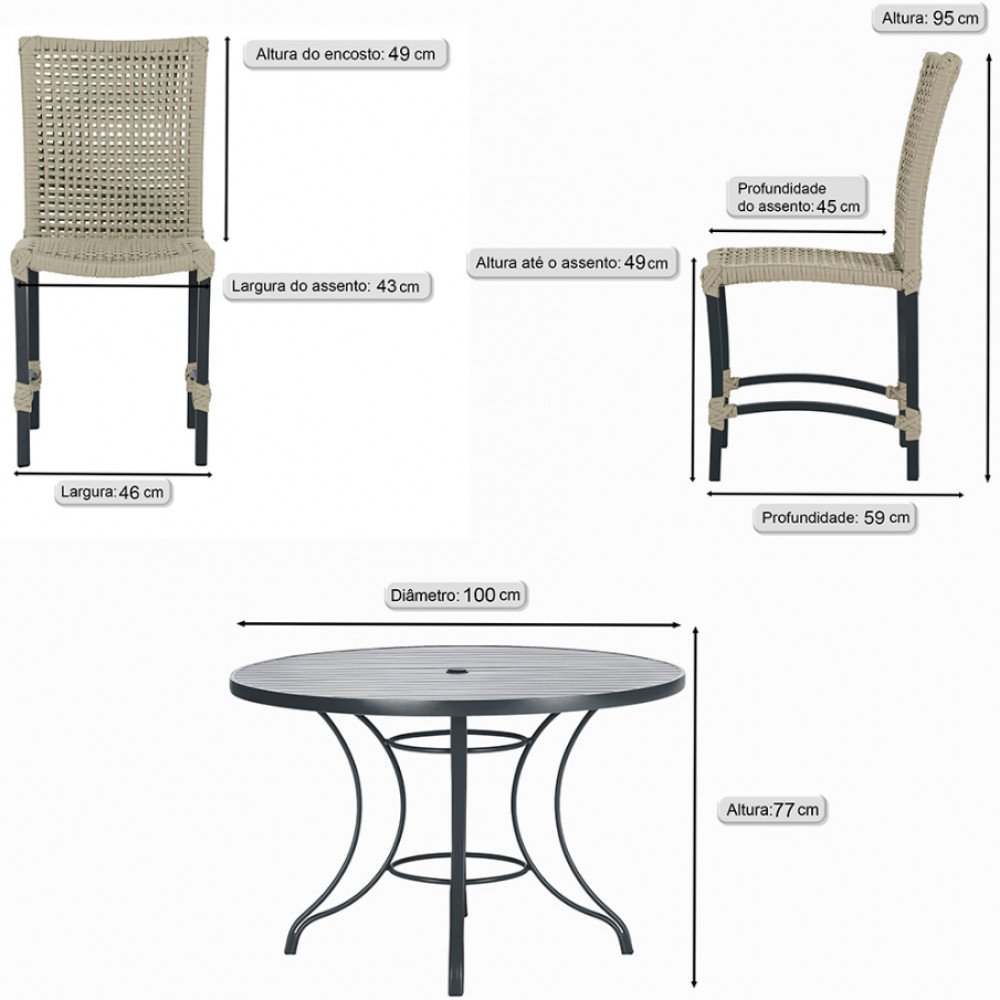 Mesa Ascoli 100 Cm com 4 Cadeiras Cannes de Alumínio, Pintura Preta e Trama Tela de Corda Náutica - 2