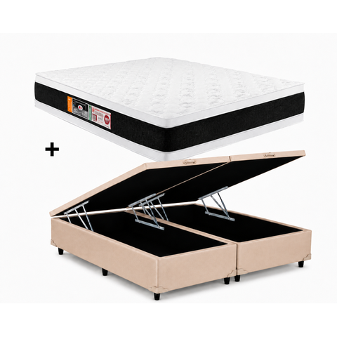 Cama Box Bau Casal Bipartido Bege Colchão Casal Black e White Air Double Face D45 138x188 - Castor
