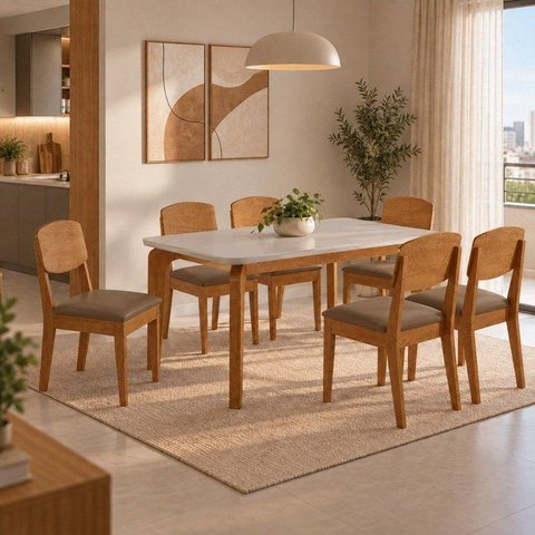 Conjunto de Mesa de Jantar Dublin 180 Tp MDF Off White sem Vidro Canto Copo 6 Cadeiras Cleo