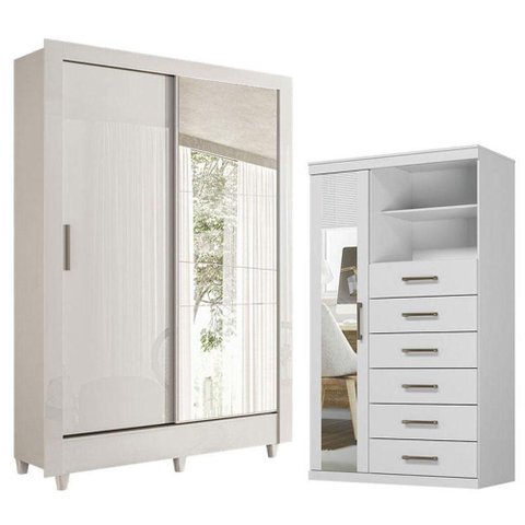 Guarda Roupa Casal Bélgica 2 Portas de Correr 2 Gavetas MDP com Espelho e Cômoda Marabá Branco