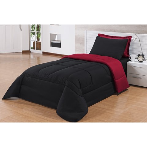 Kit Edredom Solteiro 4 Peças Pérola Preto/vermelho