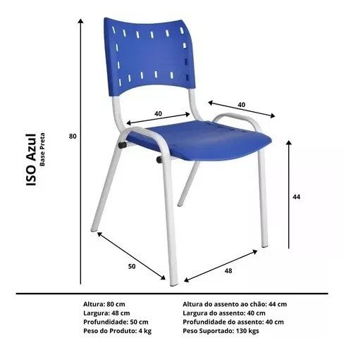 Cadeira Iso Para Escola Escritório Comércio Azul Base Branca - 3
