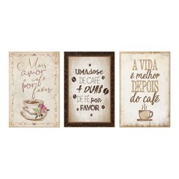 Kit 3 Quadros Placas Decorativos para Cozinha Cantinho do Café Xícara Amor Frases - 1