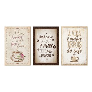 Kit 3 Quadros Placas Decorativos para Cozinha Cantinho do Café Xícara Amor Frases