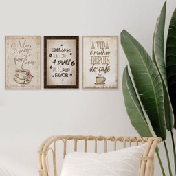 Kit 3 Quadros Placas Decorativos para Cozinha Cantinho do Café Xícara Amor Frases - 3