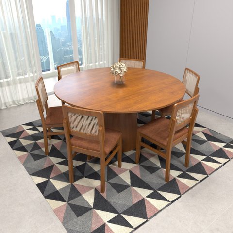 Conjunto Mesa Cone Ø150cm + 6 Cadeiras Lyon Telinha Natural - Assento Estofado Corano Marrom Mescla