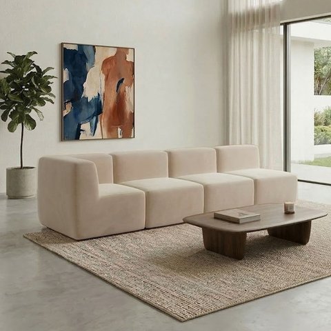 Sofá a Vácuo Modular Boucle Kit 4 Peças 3 Meios + 1 Canto Espuma Premium Sala na Caixa 3,08m - Bege