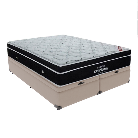 Colchão Elegant Ortobom e Base com Baú Bege King com Molas Ensacadas