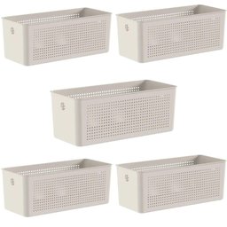 Kit 5 Cestos Organizadores Retangulares com Alças 6,6l Bege Flow Lavanderia Closet Banheiro - 1