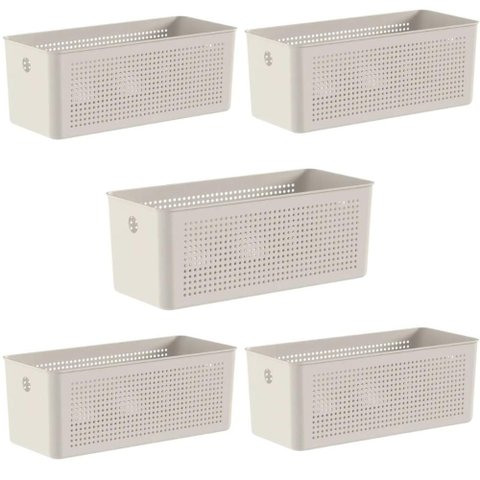 Kit 5 Cestos Organizadores Retangulares com Alças 6,6l Bege Flow Lavanderia Closet Banheiro