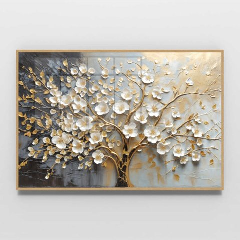 Quadro Decorativo Árvore da Vida Flores Brancas Dourado Sala Quarto Casa Escritório
