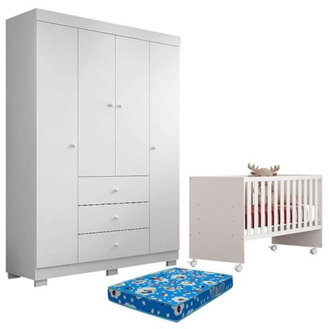 Berço Nacional Doce Sonho 3540 e Guarda Roupa Duda 4 Portas Branco Brilho com Colchão Ortobom