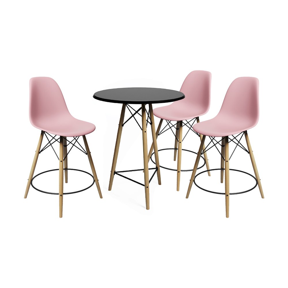 Conjunto Mesa Bistrô Eames Eiffel Preta com 3 Banquetas Rosas de Madeira - 1