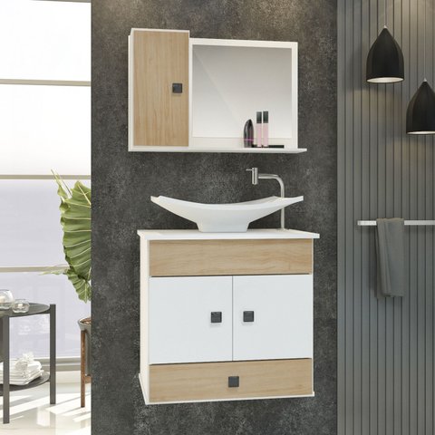 Conjunto Pequim Mdf Gabinete Banheiro com Espelheira e Cuba:freijo