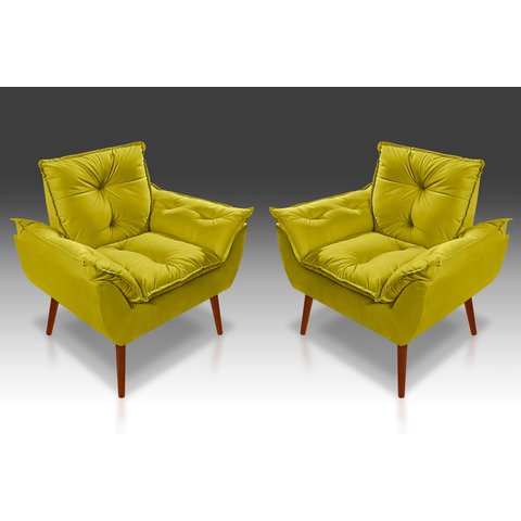 Kit 02 Poltronas Decorativa Opala Suede Amarelo - Pandora Decor