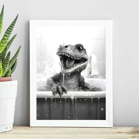 Quadro Banheiro Infantil - Dinossauro 33x24cm - com Vidro:madeira Preta