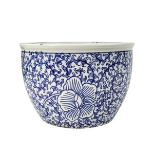 Vaso Cachepot Porcelana Azul e Branco Floral Arabesco 22cm