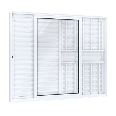 Janela de Alumínio Veneziana de Correr Lateral 2 Folhas Móveis e 1 Fixa com Grade com Fecho Embutido