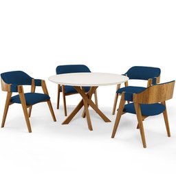 Mesa de Jantar Redonda Cora 120cm Off White M04 com 04 Cadeiras Living Suran Suede Azul Marinho - Ly - 1 Mesa de Jantar Redonda Cora 120cm Off White M04 com 04 Cadeiras Living Suran Suede Azul Marinho - Ly - 1