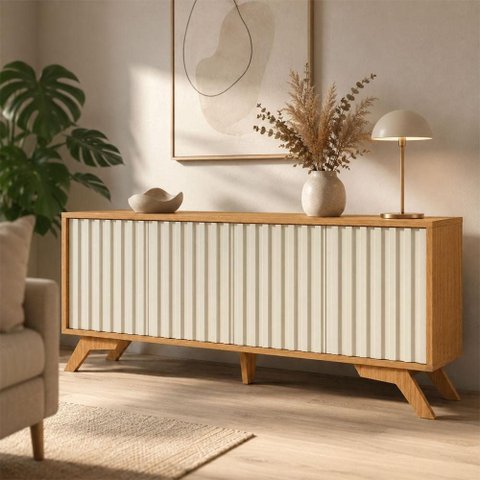 Balcão Buffet 180cm com 4 Portas Ripadas 100% MDF Dalla Costa Cor:Freijó com Off White