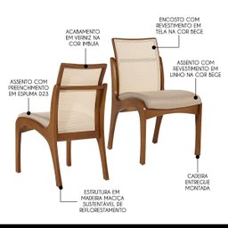 Kit 2 Cadeiras para Mesa de Jantar Lisboa com Encosto em Tela Madeira Maciça Linho Bege M58 Rmi - 4