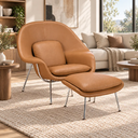 Ver imagem 2 de Poltrona Womb Chair com Puff em Couro Ecológico Caramelo